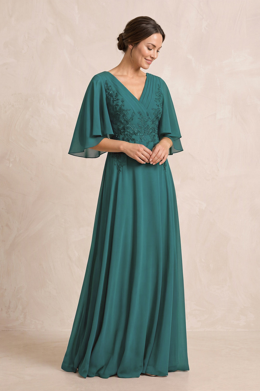 Peacock Teal A-Line Embroidered Chiffon Mother of the Bride Dress With Sleeves