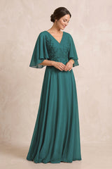 Peacock Teal A-Line Embroidered Chiffon Mother of the Bride Dress With Sleeves | KISSBRIDAL