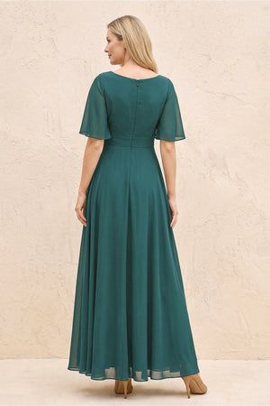 Peacock Teal A-Line Flutter Sleeves Chiffon Mother of the Bride Dress (2) | KISSBRIDAL