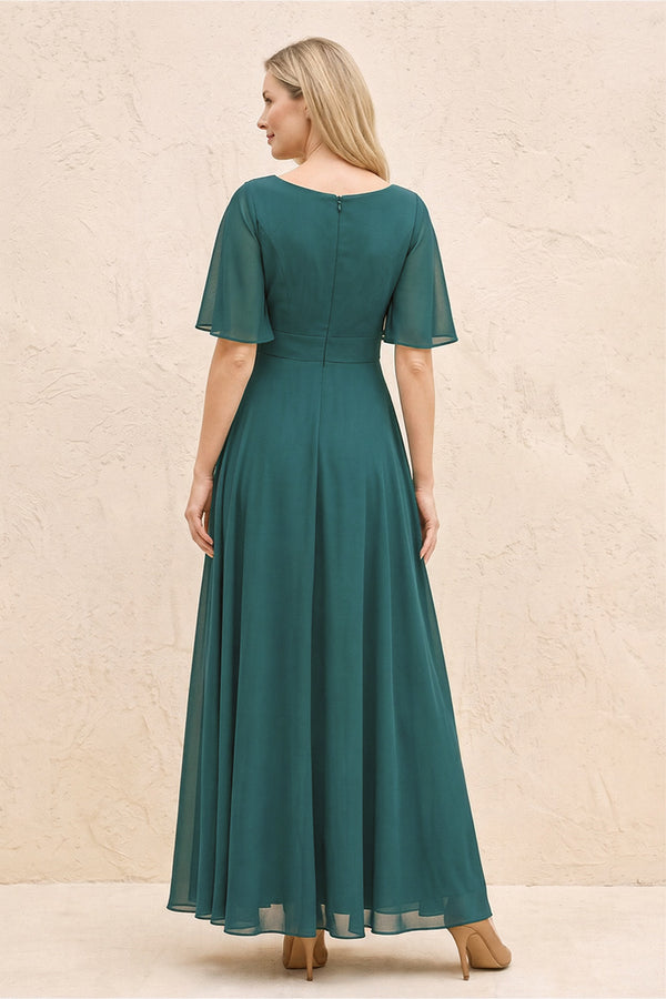 Peacock Teal A-Line Flutter Sleeves Chiffon Mother of the Bride Dress (2) | KISSBRIDAL