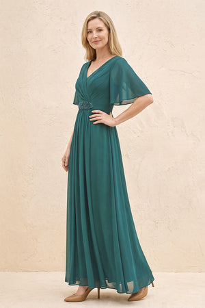 Peacock Teal A-Line Flutter Sleeves Chiffon Mother of the Bride Dress (3) | KISSBRIDAL