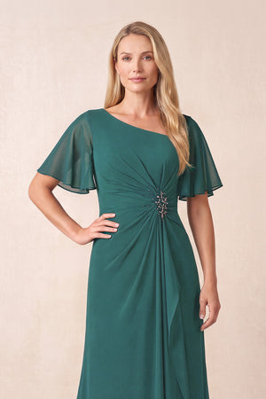 Peacock Teal A-Line Ruched Chiffon Mother of the Bride Dress with Ruffled Sleeves (3) | KISSBRIDAL