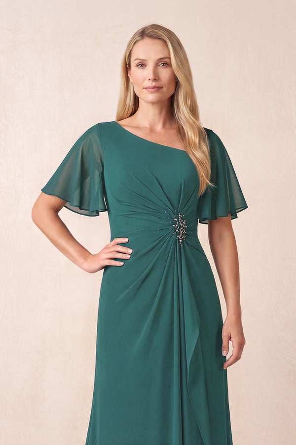 Peacock Teal A-Line Ruched Chiffon Mother of the Bride Dress with Ruffled Sleeves (3) | KISSBRIDAL