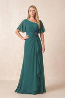 Peacock Teal A-Line Ruched Chiffon Mother of the Bride Dress with Ruffled Sleeves | KISSBRIDAL