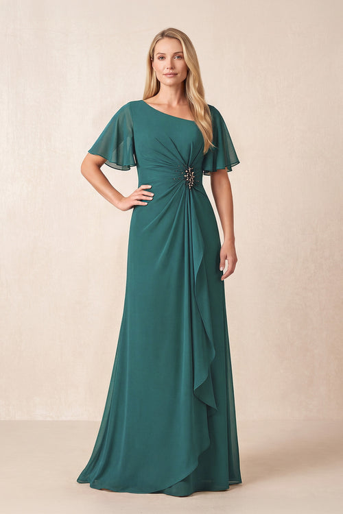 Peacock Teal A-Line Ruched Chiffon Mother of the Bride Dress with Ruffled Sleeves | KISSBRIDAL