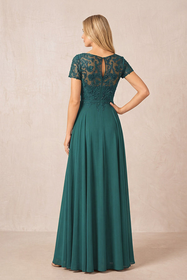 Peacock Teal Boat Neck Chiffon A-Line Embroidered Mother of the Bride Dress with Sleeves (2) | KISSBRIDAL