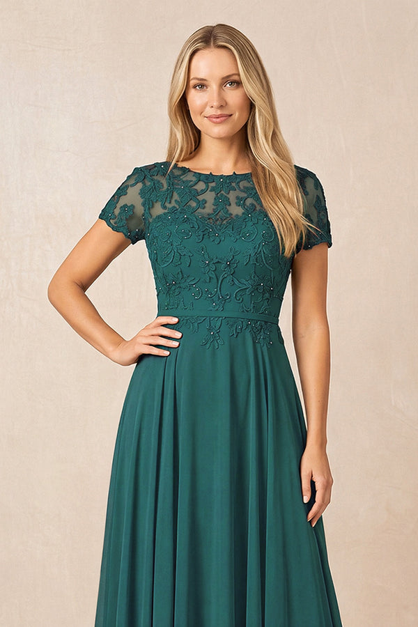 Peacock Teal Boat Neck Chiffon A-Line Embroidered Mother of the Bride Dress with Sleeves (3) | KISSBRIDAL