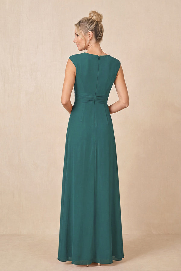 Peacock Teal Cap Sleeves A-Line Chiffon Pleated Ruffled Mother of the Bride Dress (2) | KISSBRIDAL
