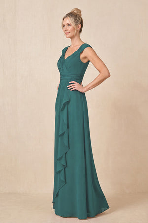 Peacock Teal Cap Sleeves A-Line Chiffon Pleated Ruffled Mother of the Bride Dress (3) | KISSBRIDAL