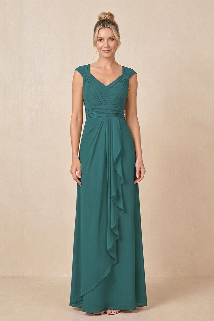 Peacock Teal Cap Sleeves A-Line Chiffon Pleated Ruffled Mother of the Bride Dress