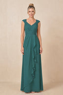 Peacock Teal Cap Sleeves A-Line Chiffon Pleated Ruffled Mother of the Bride Dress | KISSBRIDAL