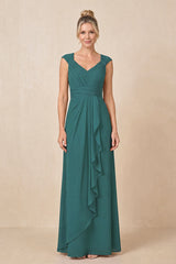 Peacock Teal Cap Sleeves A-Line Chiffon Pleated Ruffled Mother of the Bride Dress | KISSBRIDAL