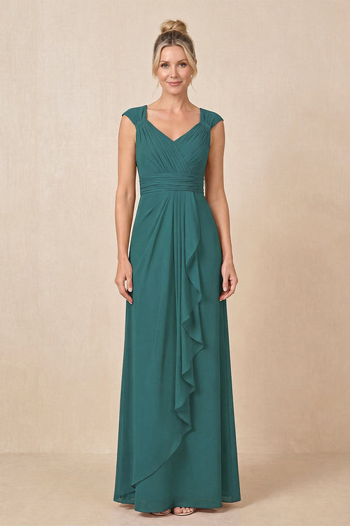 Peacock Teal Cap Sleeves A-Line Chiffon Pleated Ruffled Mother of the Bride Dress | KISSBRIDAL