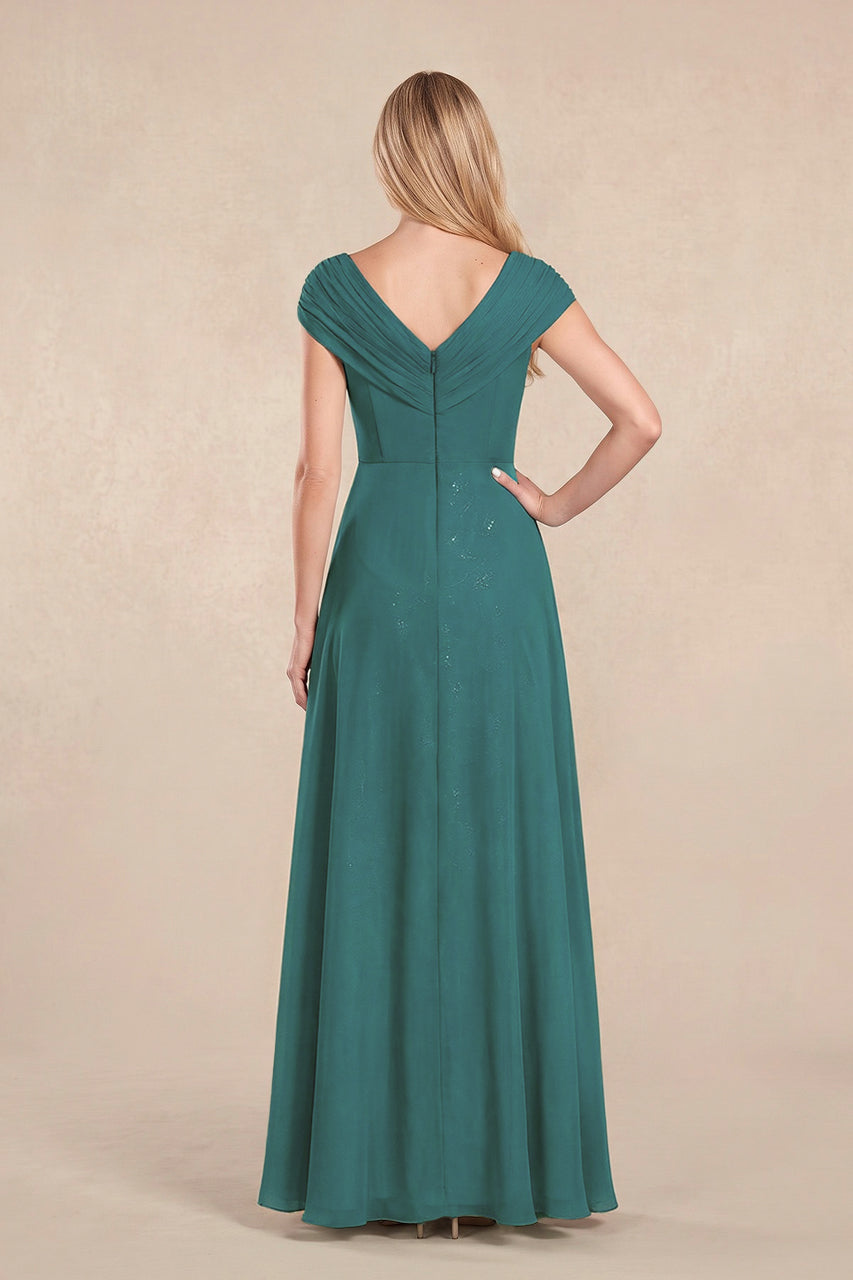 Peacock Teal Cap Sleeves Chiffon A-Line Lace V-Neck Mother of the Bride Dress