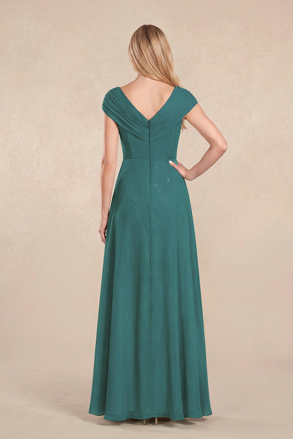 Peacock Teal Cap Sleeves Chiffon A-Line Lace V-Neck Mother of the Bride Dress (2) | KISSBRIDAL