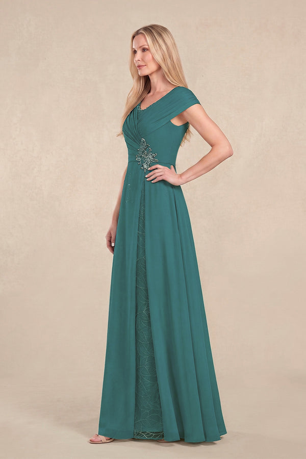 Peacock Teal Cap Sleeves Chiffon A-Line Lace V-Neck Mother of the Bride Dress (3) | KISSBRIDAL