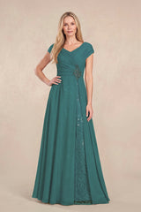 Peacock Teal Cap Sleeves Chiffon A-Line Lace V-Neck Mother of the Bride Dress | KISSBRIDAL