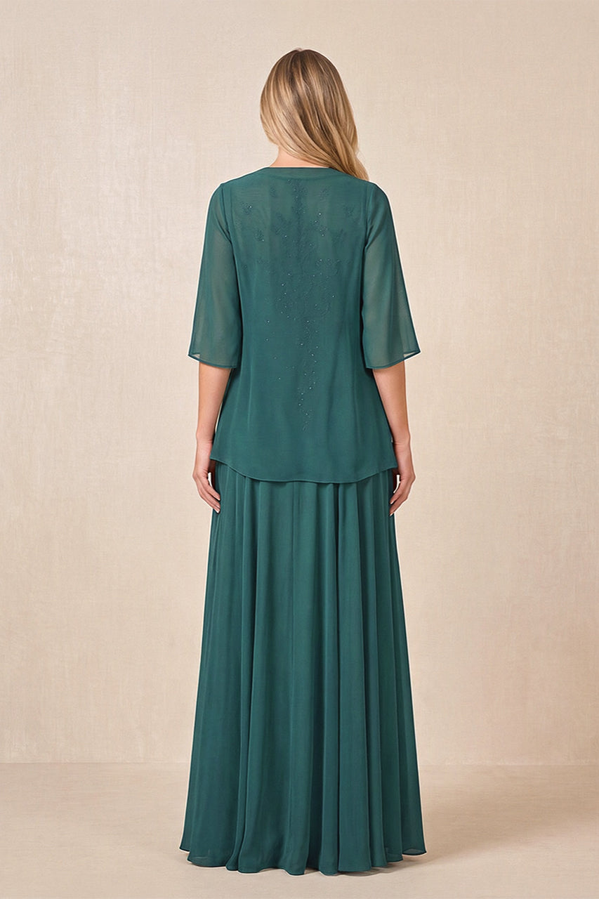 Peacock Teal Cape Sleeves A-Line Chiffon Scoop Neck Embroidered Mother of the Bride Dress