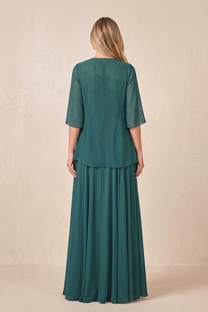 Peacock Teal Cape Sleeves A-Line Chiffon Scoop Neck Embroidered Mother of the Bride Dress (2) | KISSBRIDAL