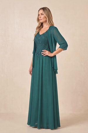 Peacock Teal Cape Sleeves A-Line Chiffon Scoop Neck Embroidered Mother of the Bride Dress (3) | KISSBRIDAL