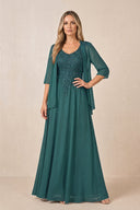 Peacock Teal Cape Sleeves A-Line Chiffon Scoop Neck Embroidered Mother of the Bride Dress | KISSBRIDAL