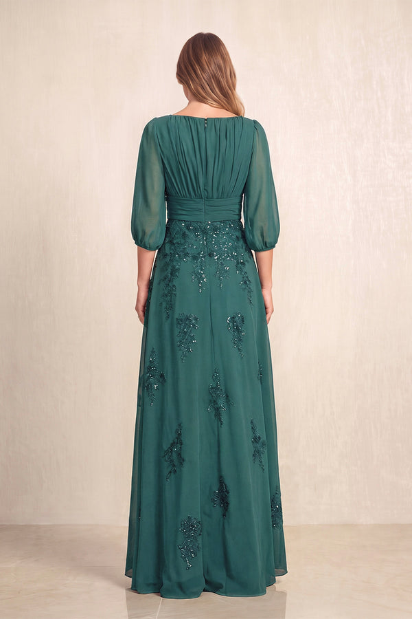 Peacock Teal Chiffon A-Line Embroidered Boat Neck Long Mother of the Bride Dress (2) | KISSBRIDAL