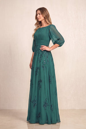 Peacock Teal Chiffon A-Line Embroidered Boat Neck Long Mother of the Bride Dress (3) | KISSBRIDAL