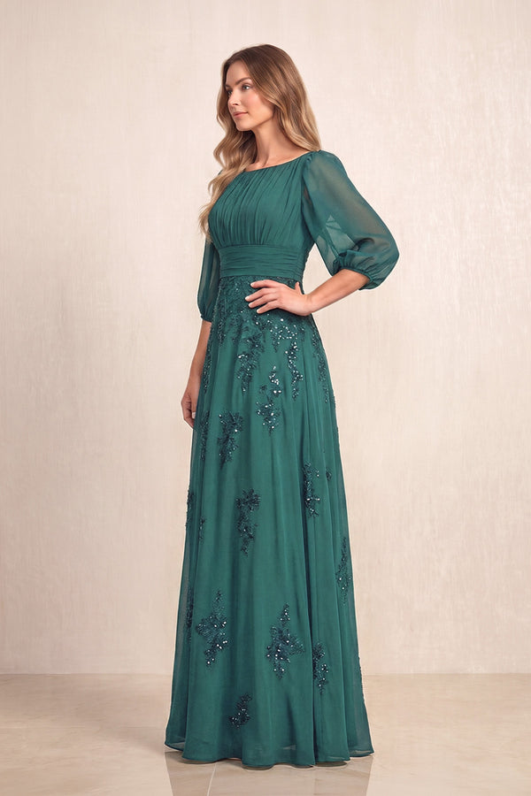 Peacock Teal Chiffon A-Line Embroidered Boat Neck Long Mother of the Bride Dress (3) | KISSBRIDAL