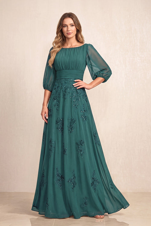 Peacock Teal Chiffon A-Line Embroidered Boat Neck Long Mother of the Bride Dress | KISSBRIDAL