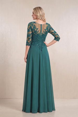 Peacock Teal Chiffon A-Line Embroidered Mother of the Bride Dress With Sleeves (2) | KISSBRIDAL