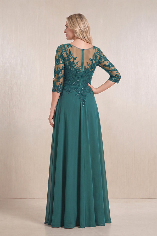 Peacock Teal Chiffon A-Line Embroidered Mother of the Bride Dress With Sleeves (2) | KISSBRIDAL