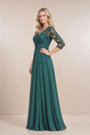 Peacock Teal Chiffon A-Line Embroidered Mother of the Bride Dress With Sleeves (3) | KISSBRIDAL