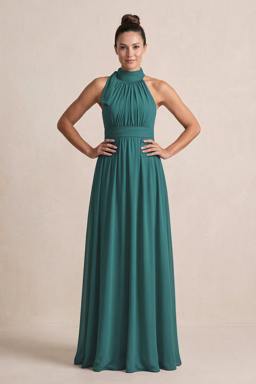 Peacock Teal Chiffon Halter A-Line Mother of the Bride Dress | KISSBRIDAL