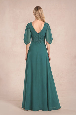 Peacock Teal Chiffon Lone Sleeves A-Line V-Neck Embroidered Mother of the Bride Dress (2) | KISSBRIDAL