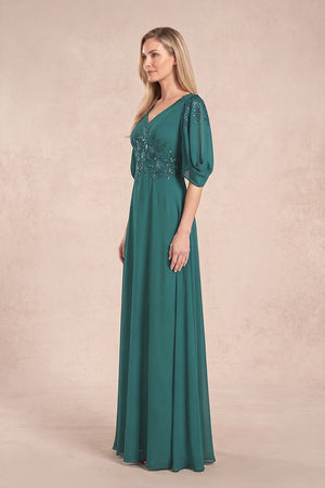 Peacock Teal Chiffon Lone Sleeves A-Line V-Neck Embroidered Mother of the Bride Dress (3) | KISSBRIDAL