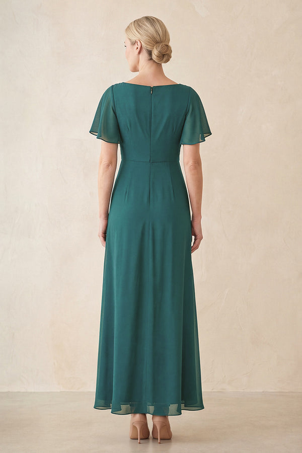 Peacock Teal Chiffon Ruched A-Line Ruffled Sleeves Midi Mother of the Bride Dress (2) | KISSBRIDAL
