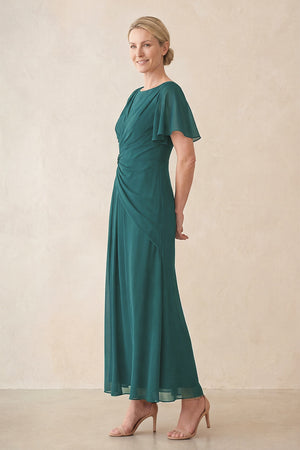 Peacock Teal Chiffon Ruched A-Line Ruffled Sleeves Midi Mother of the Bride Dress (3) | KISSBRIDAL