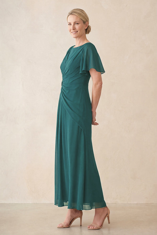 Peacock Teal Chiffon Ruched A-Line Ruffled Sleeves Midi Mother of the Bride Dress (3) | KISSBRIDAL