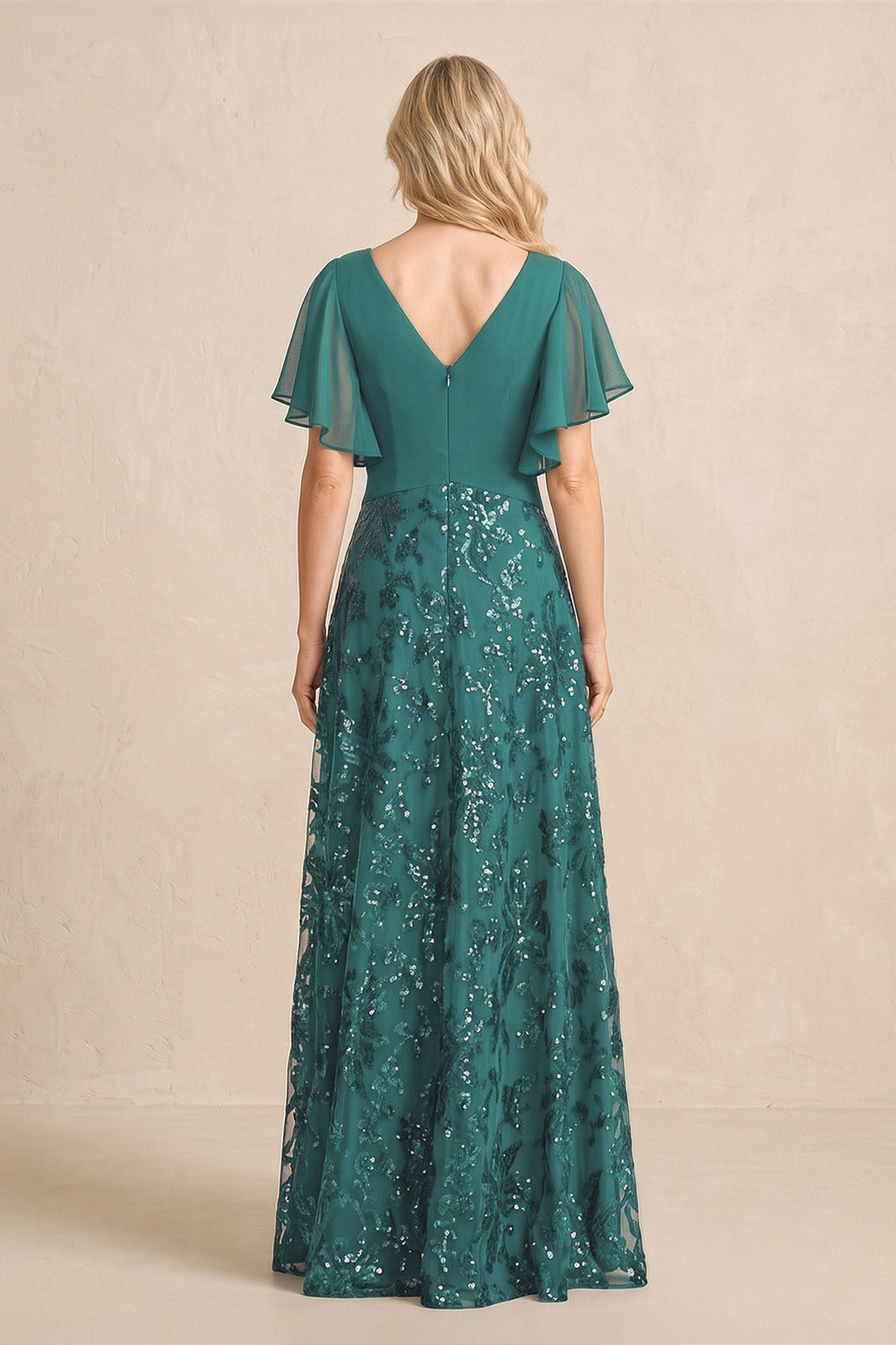 Peacock Teal Chiffon V-Neck A-Line Embroidered Mother of the Bride Dress with Ruffled Sleeves