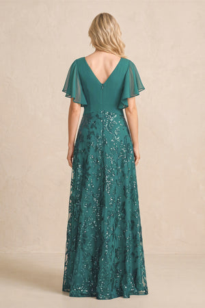 Peacock Teal Chiffon V-Neck A-Line Embroidered Mother of the Bride Dress with Ruffled Sleeves (2) | KISSBRIDAL