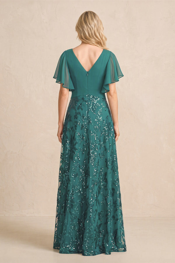 Peacock Teal Chiffon V-Neck A-Line Embroidered Mother of the Bride Dress with Ruffled Sleeves (2) | KISSBRIDAL