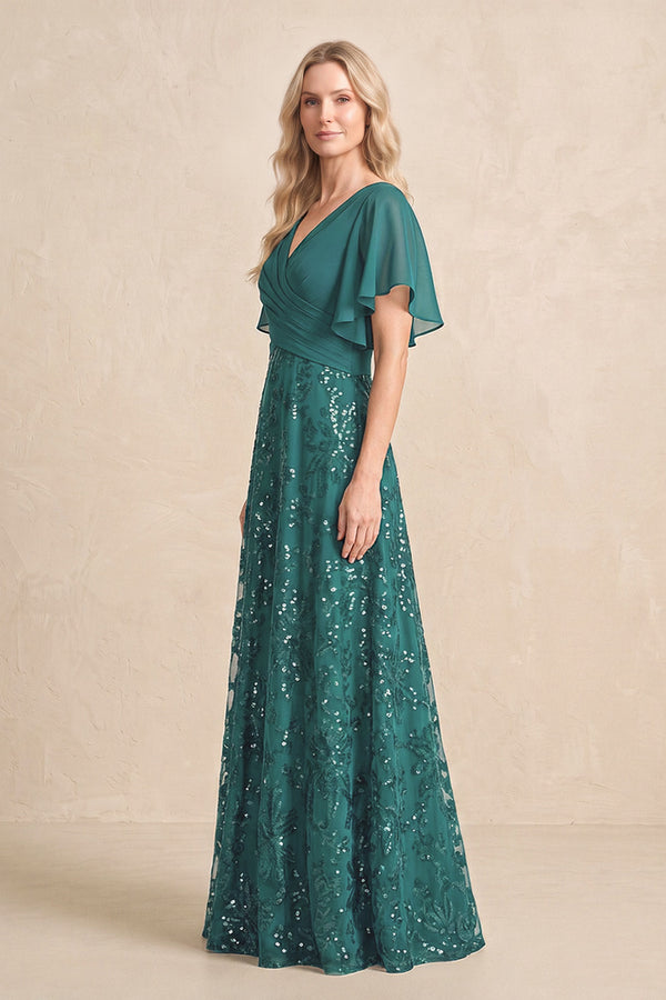 Peacock Teal Chiffon V-Neck A-Line Embroidered Mother of the Bride Dress with Ruffled Sleeves (3) | KISSBRIDAL