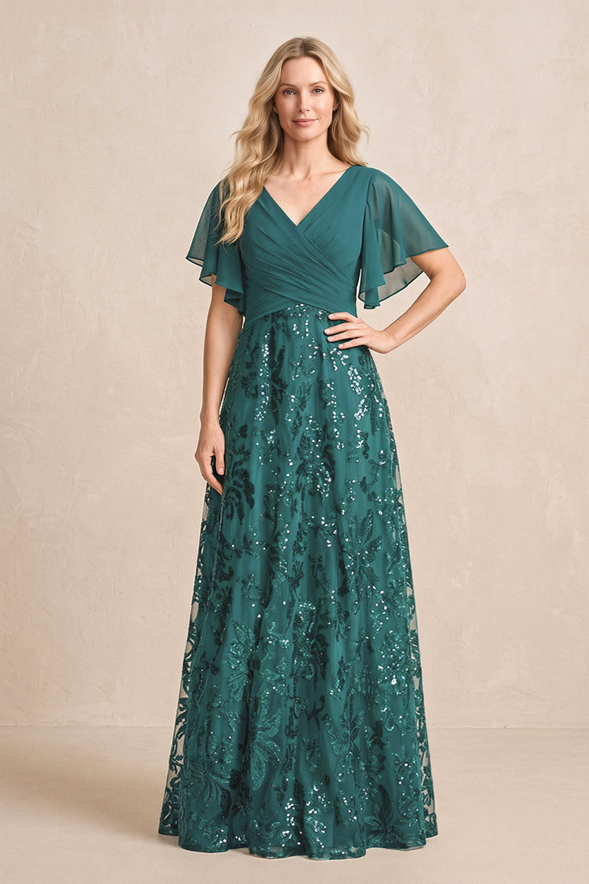 Peacock Teal Chiffon V-Neck A-Line Embroidered Mother of the Bride Dress with Ruffled Sleeves