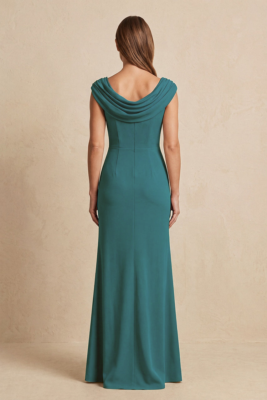 Peacock Teal Cowl Neck Sheath Chiffon Mother of the Bride Dress with Slit and Cap Sleeves