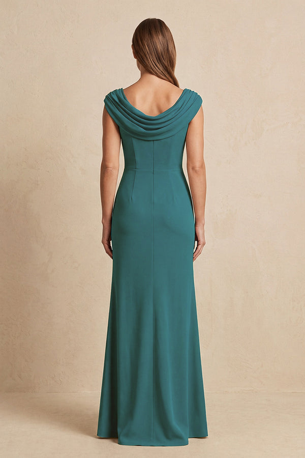 Peacock Teal Cowl Neck Sheath Chiffon Mother of the Bride Dress with Slit and Cap Sleeves (2) | KISSBRIDAL