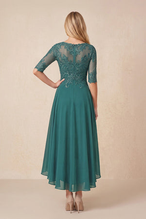 Peacock Teal Embroidered A-Line Chiffon Midi Mother of the Bride Dress with Sleeves (2) | KISSBRIDAL