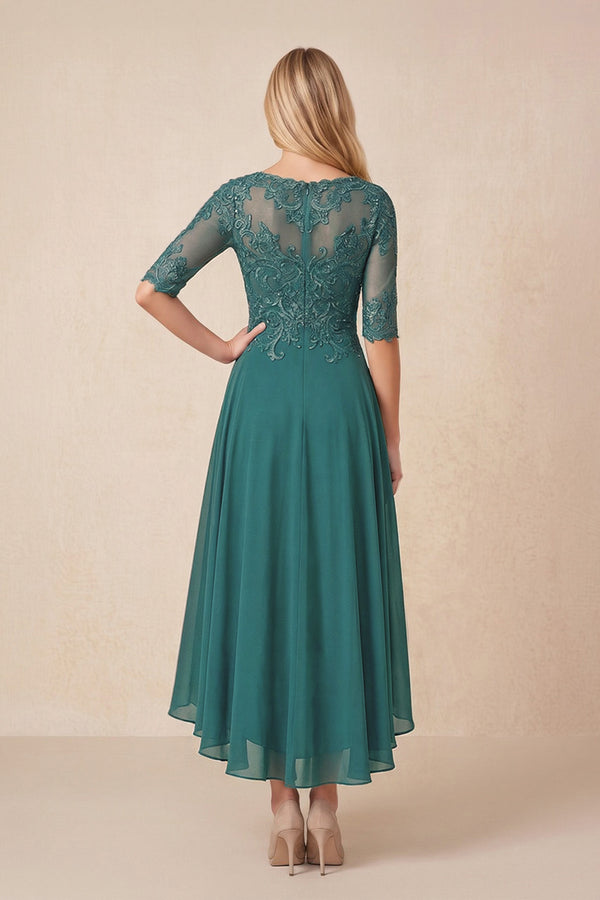 Peacock Teal Embroidered A-Line Chiffon Midi Mother of the Bride Dress with Sleeves (2) | KISSBRIDAL