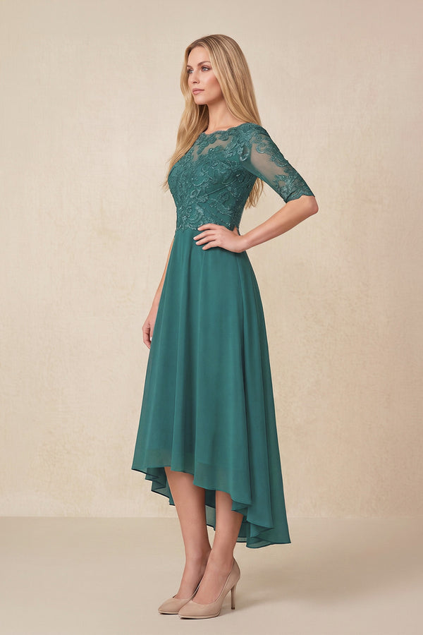 Peacock Teal Embroidered A-Line Chiffon Midi Mother of the Bride Dress with Sleeves (3) | KISSBRIDAL
