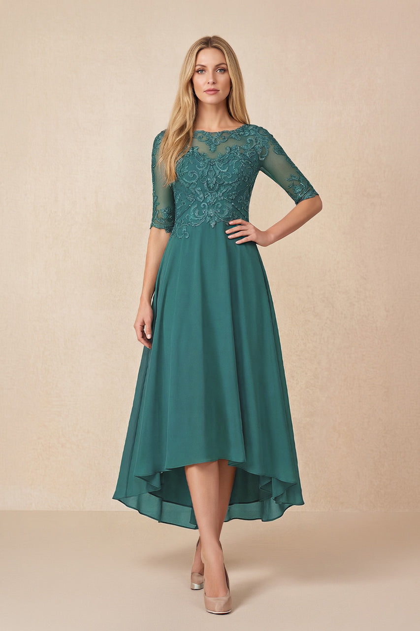 Peacock Teal Embroidered A-Line Chiffon Midi Mother of the Bride Dress with Sleeves