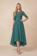 Peacock Teal Embroidered A-Line Chiffon Midi Mother of the Bride Dress with Sleeves | KISSBRIDAL